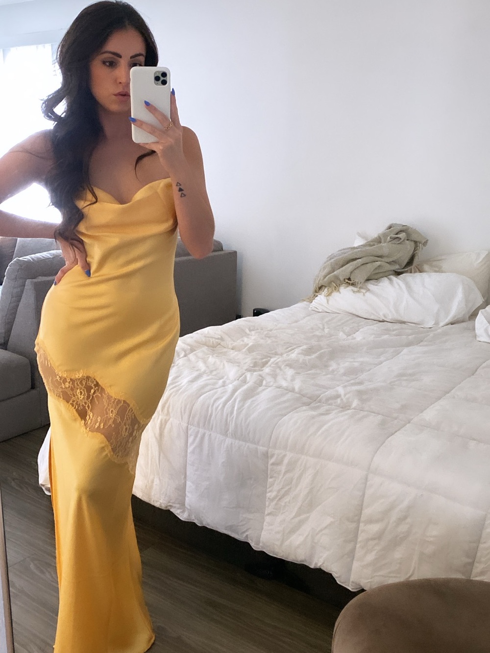 Meshki Yellow Satin Lace-Trim Maxi Dress